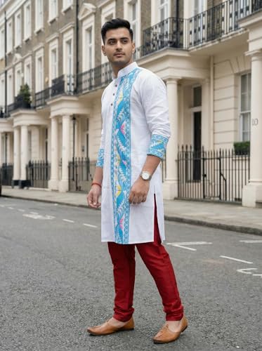 Image of Men's Jamdani Printed Kurta Pajama Set | Pure Cotton Ethnic Kurta with Mandarin Collar & Dupion Silk Pyjama | Festive & Weddings 303A12A 303SB12B(M XXL)