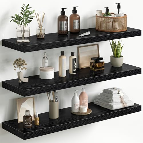 Fun Memories Floating Shelves for Wall 36 Inch Set of 3, Farmhouse Floating Shelves with Invisible Heavy Duty Bracket, 10 Inch Deep Bathroom Shelves for Storage, Living Room, Kitchen, Decor, Black