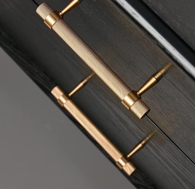 2 Pack Solid Brass Cabinet Pulls, 5 Inch (128mm) Hole Centers Gold Knurled Textured Bar Handles for Drawer Bathroom Kitchen Hardware