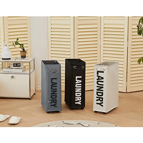 Dokehom 25-Inches Slim Laundry Basket On Wheels, Collapsible Rolling Laundry Hamper, Foldable Narrow Corner Clothes Storage Bins (Beige) #TOP5
