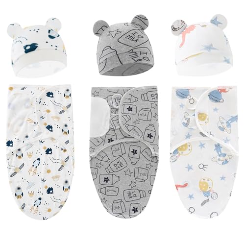 3PCS Baby Swaddle Blanket with Hat Breathable Cotton Swaddle Blanket 0-3 Months New Born Baby Adjustable Swaddle Blanket Wraps Easy Newborn Swaddle Sleep Sacks for Boy Girl Nursery