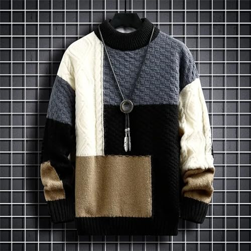 Men's Patchwork Knit Sweater Winter Warm O-Neck Pullover Streetwear Casual Top4