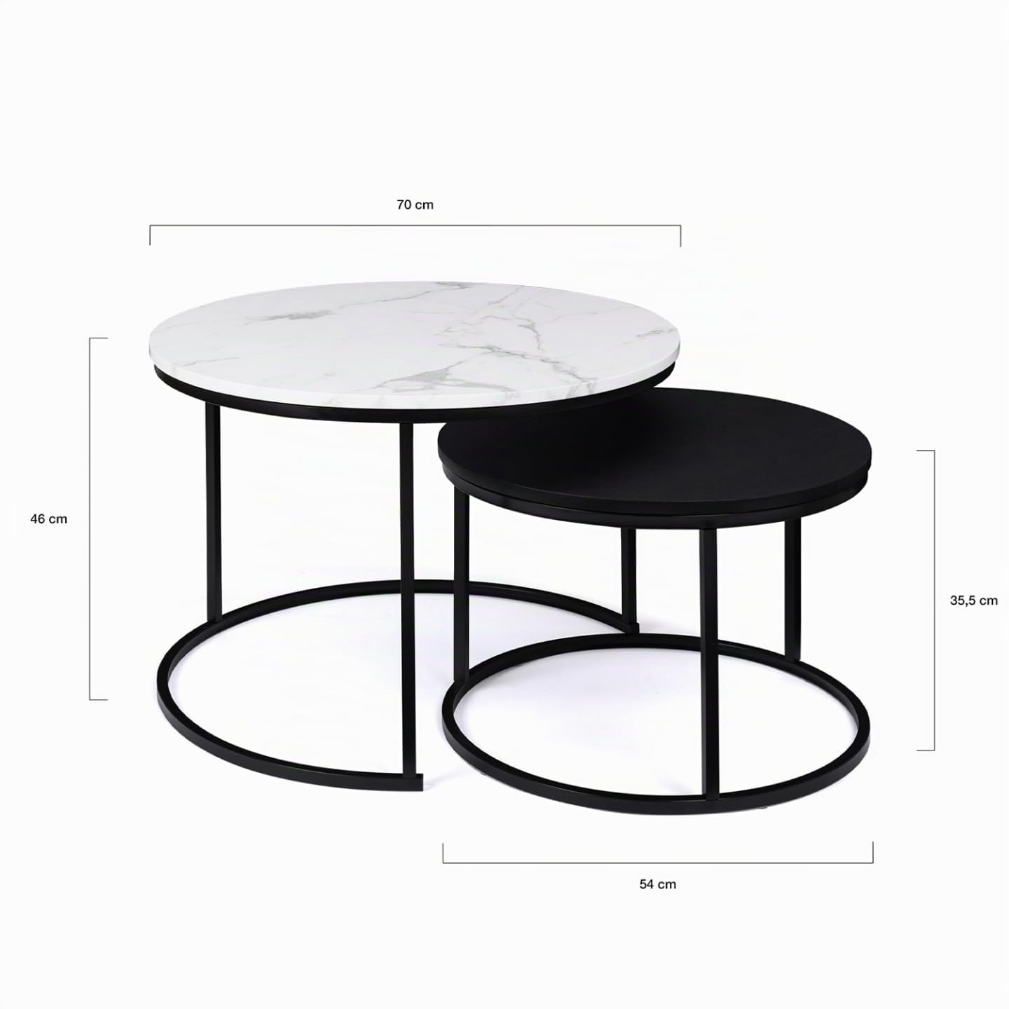 IDMarket Alaska - Juego de 2 mesas bajas (redondas, 54/70, efecto mármol y negro, patas metálicas)