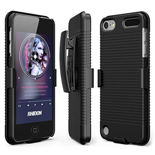 iPod Touch 6 Case, iPod Touch 5 case, Rhidon Case Combo Slim Hard Holster Open-Face Sport Cover with Holster Kickstand and Locking Belt Swivel Clip for Apple iPod Touch 5 6th Generation (Black)