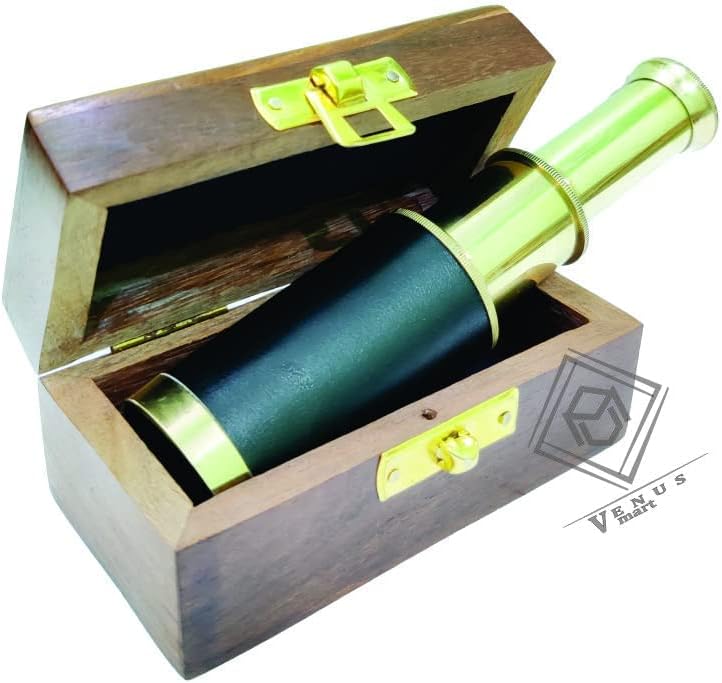 NORVILLE® Captains 6" Brass Handheld Mini Telescope Marine Spyglass with Rosewood Wooden Box Nautical Collectibles by Venus mart