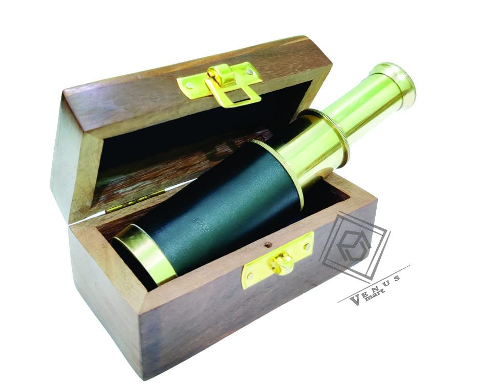 NORVILLE® Captains 6" Brass Handheld Mini Telescope Marine Spyglass with Rosewood Wooden Box Nautical Collectibles by Venus mart
