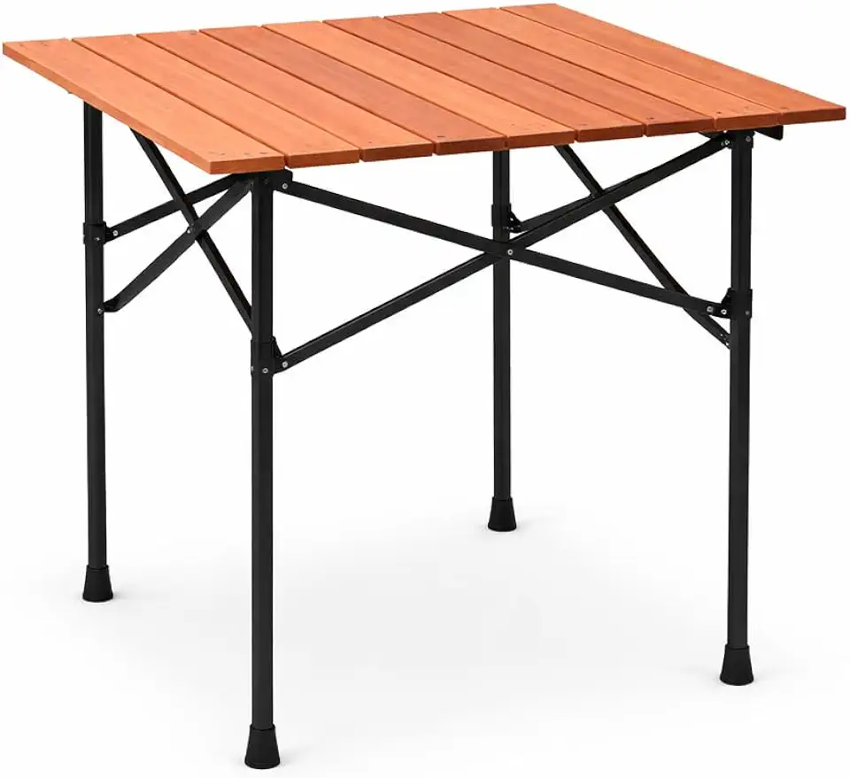 Mesa Dobrável Portátil 50x50cm, Mesa de Apoio Compacta, Estrutura Metálica, Tampo Ripado, Pés Antiderrapantes, Ideal para Camping, Praia, Churrasco e Varanda
