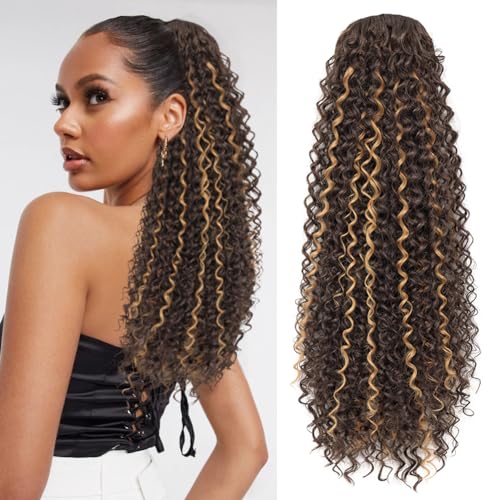 Curly Drawstring Ponytail Extension, 20 Inch, Brown with Honey Blonde