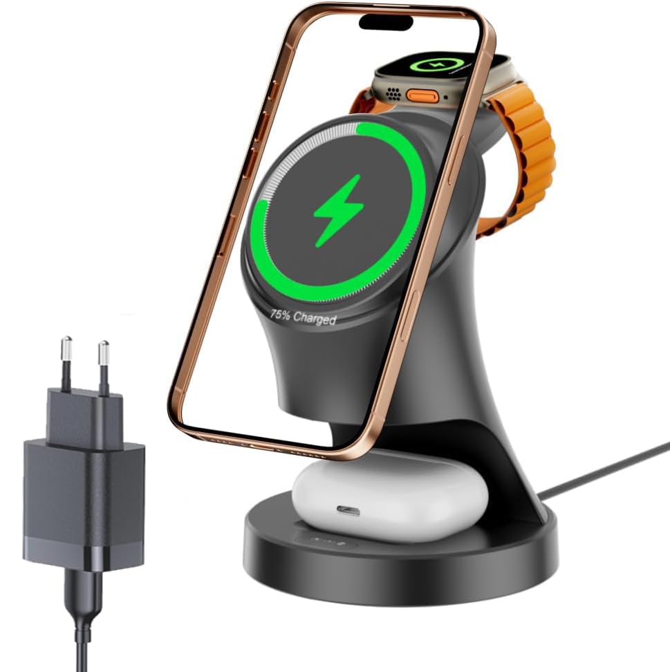 Ladestation Apple Watch und iPhone, 3 in 1 Induktive Ladestation mit Magsafe Ladegerät Wireless Charger Kompatibel mit iPhone 17 16 15 14 13 12 Air/Pro Max,für Apple Watch und AirPods (Schwarz)