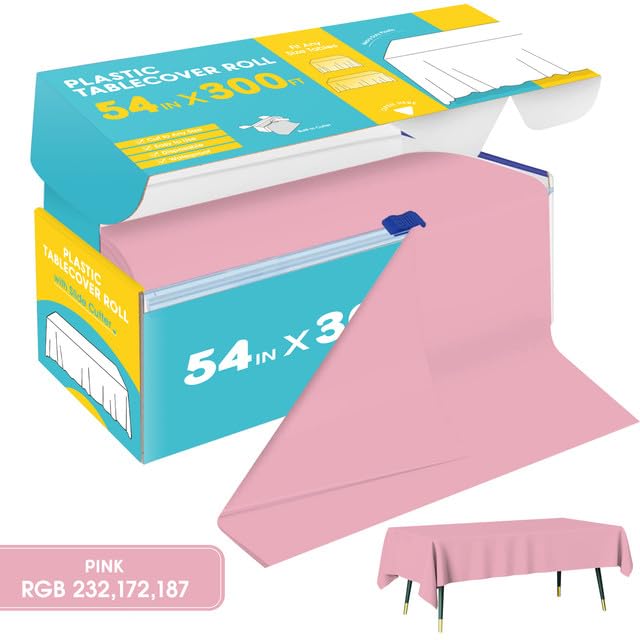 Image of Niuara Pink Plastic Table Cover Roll - 54IN x 300FT, Table Cloth for Rectangle Table with Slide Cutter, Plastic Table Cloth Disposable with Cut-to-Size Design for Weddings, Banquets, Parties