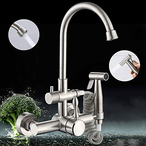 Robinet de cuisine mural premium en acier inoxydable 304 chaud et froid