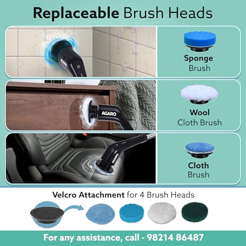 Image of AGARO Royal Electric Spin Scrubber, Cleaning Brush Scrubber for Home, 400RPM /Mins - 8 Replaceable Brush Heads - 90Mins Work Time,3 Adjustable Size,2 Adjustable Speeds for Bathroom,Glass, Car, Black