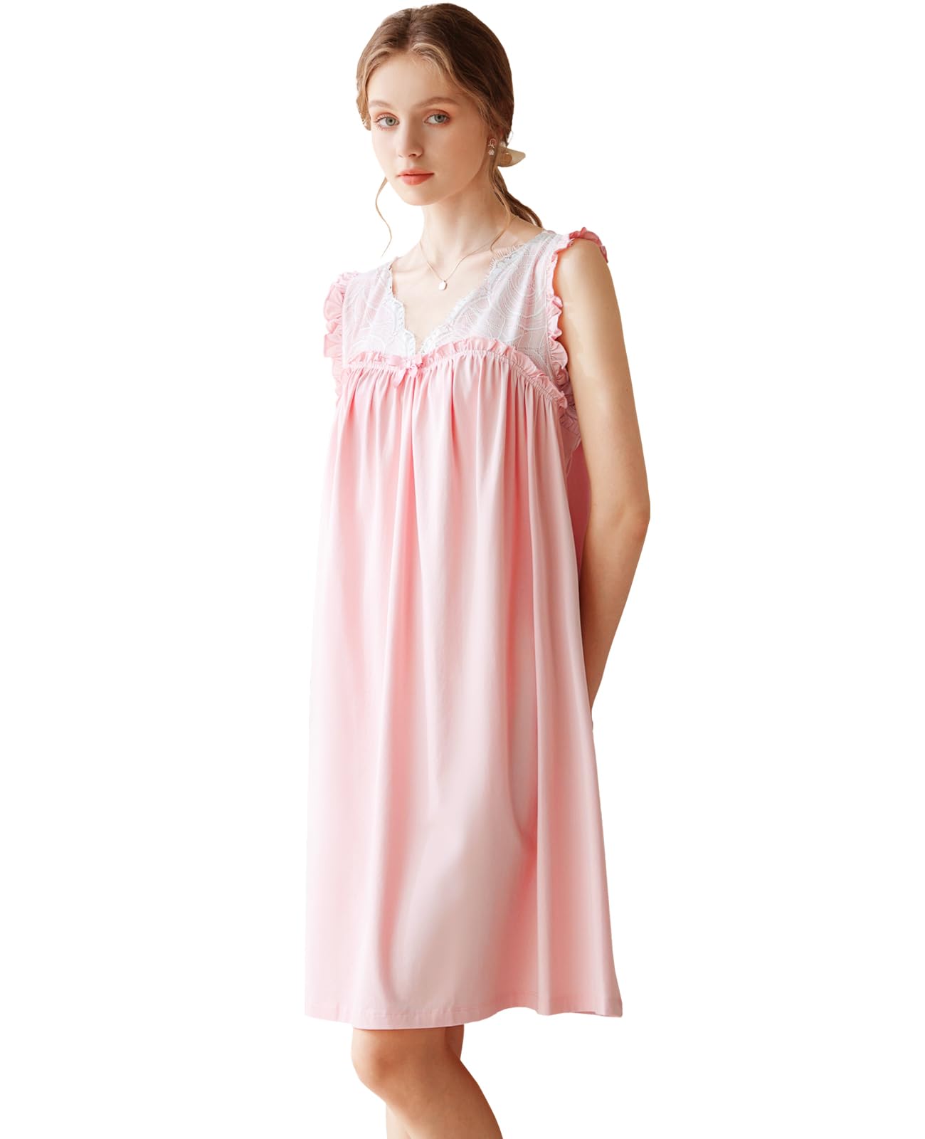 Nanxson Camisón sin Mangas de algodón para Mujer,Camisón de Encaje,Pijama | Ropa cómoda para estar por casa con cuello en V, Ropa de dormir blanca, Camisones de verano, Camisones de estilo victoriano
