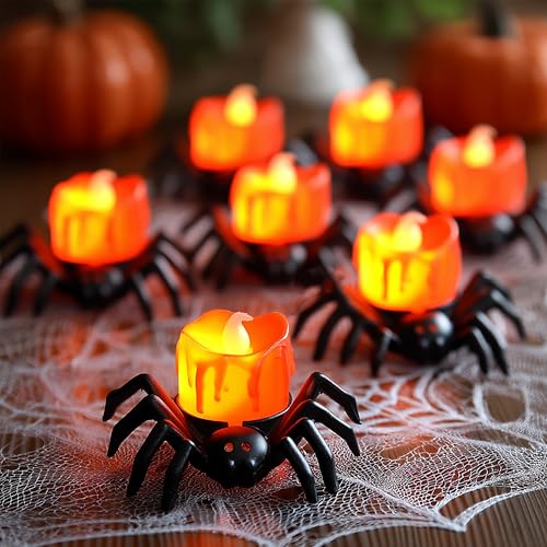 Image of Dazzle Bright 12 Pack Halloween Spider Tea Lights Candles, Battery Operated LED Flameless Spider Candles Holder Lights, Spooky Halloween Decorations for Party Table Home Decor