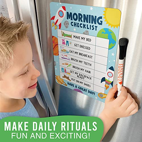 Magnetic Morning & Bedtime Routine Chart for Kids - Customizable Toddler Daily Schedule Board with Dry Erase Surface, Stickers & Marker, Build Habits with Visual Checklists, Space Theme - Thumbnail 7