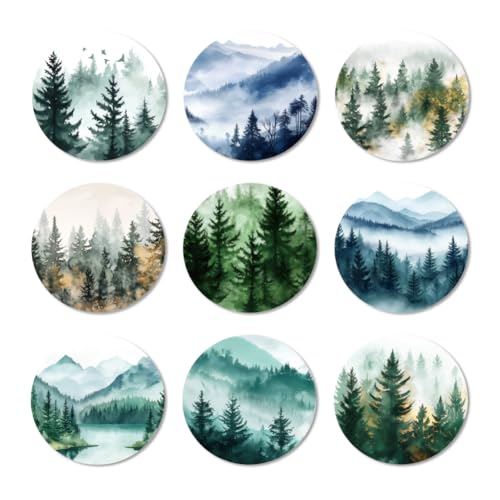 ANATTASOUL 9 Pièces Dessous de Verre Peinture, Forêt Aquarelle Montagne sous Verres Peinture Coasters, sous-Verres en Bois Couleurs, Été Dessous de Verre Rond pour Maison, Bar, Bureau