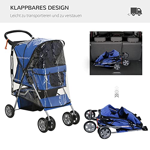 PawHut Hundebuggy, Hundewagen mit Regenverdeck, faltbarer Hundetrolley bis 10 kg, Katzenbuggy für kleine Hunde mit Netzfenster, Katzenwagen, Blau, 75 x 45 x 97 cm