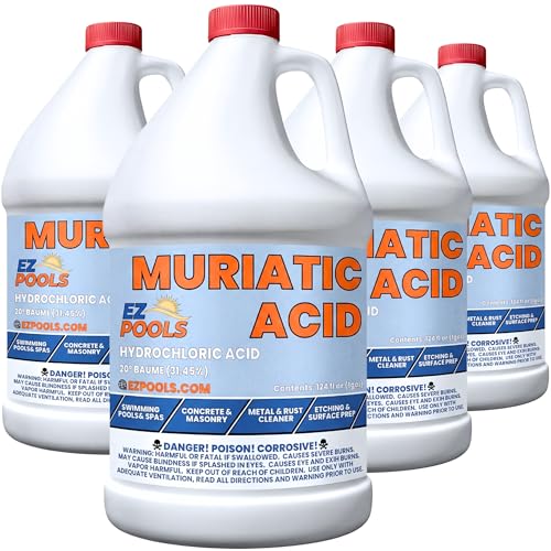 EZ Pools Muriatic Acid for Swimming Pools & Spas – Pack of 4 Gallons, Lowers pH, Muriatic Acid for Pools (HCL), pH Reducer for Water Balancing