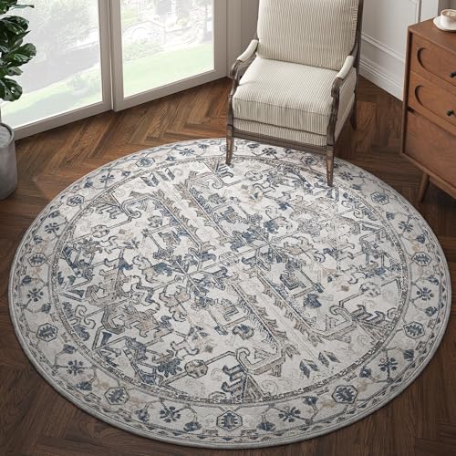 jinchan Lima Round Rug 6ft Vintage Machine Washable Area Rug Indoor Circle 6' Ultra-Thin Non-Slip Floral Print Carpet for Farmhouse Entryway Dining Ro
