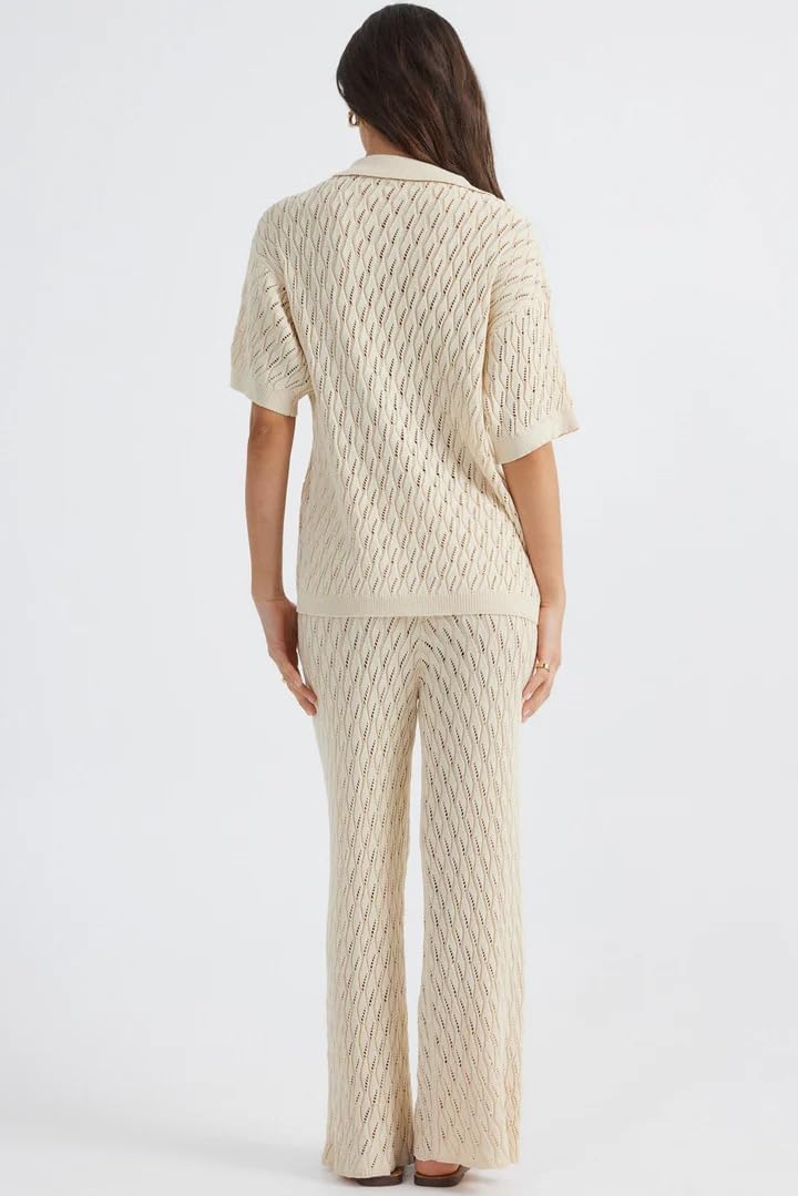 Summer Outfits for Women Button Short Sleeve Top and Wide Leg Pants Matching Lounge Set - Image 3