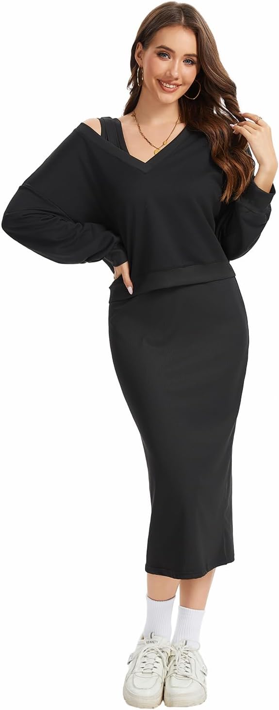 Women's 2 Piece Matching Knit Sweater Set, Long Sleeve V-Neck Top with Maxi Skirt, Effortless Style for Vacation - Image 3