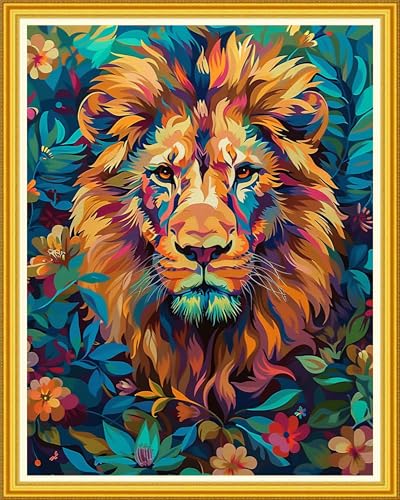 Image of Magxvouy Cross Stitch Kits Stamped Full Range of Embroidery Kits,Cross Stitch Patterns Needlework Kits for Beginners 11CT Printed Kits&Colorful Lion 16x20 inch