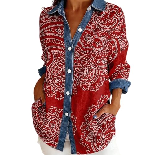 Image of Button Down Denim Shirt Women Trendy Lapel Collar V Neck Waffle Denim Patchwork Shirt Boho Paisley Print Jean Tops Casual Lightweight Plus Size Cowboy Western Tops Countryside Wear,Red,5XL