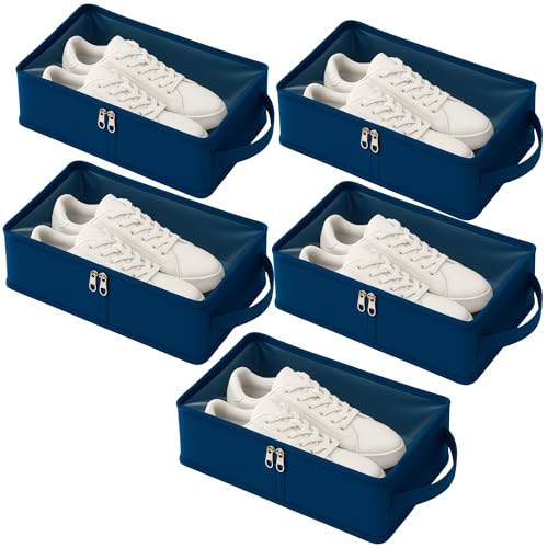 Image of Under Bed Shoe Storage Organizer Box with Clear Plastic Zippered Cover | Large Durable Rexine Travel Shoe Bag for Men & Women | Pack of 5 | Shoes, Slippers & Sports Footwear Storage (Blue)