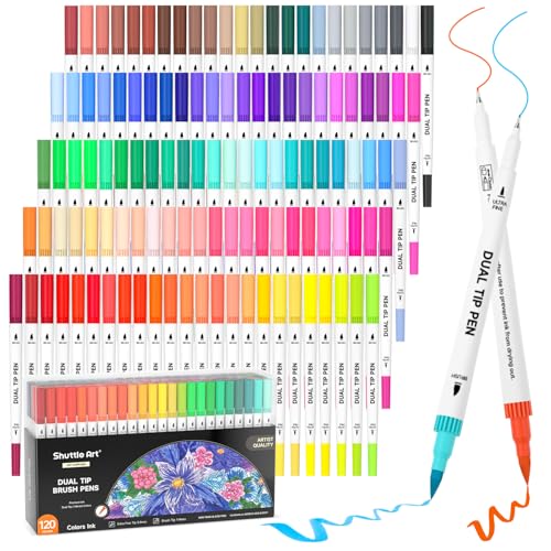 120 Colors Dual Tip Brush Marker Pens with 1 Coloring Book, Fineliner and Brush Dual Tip Markers Set, Water-based Ink Perfect for Kids Adult Artist Calligraphy Hand Lettering Journal Doodlin