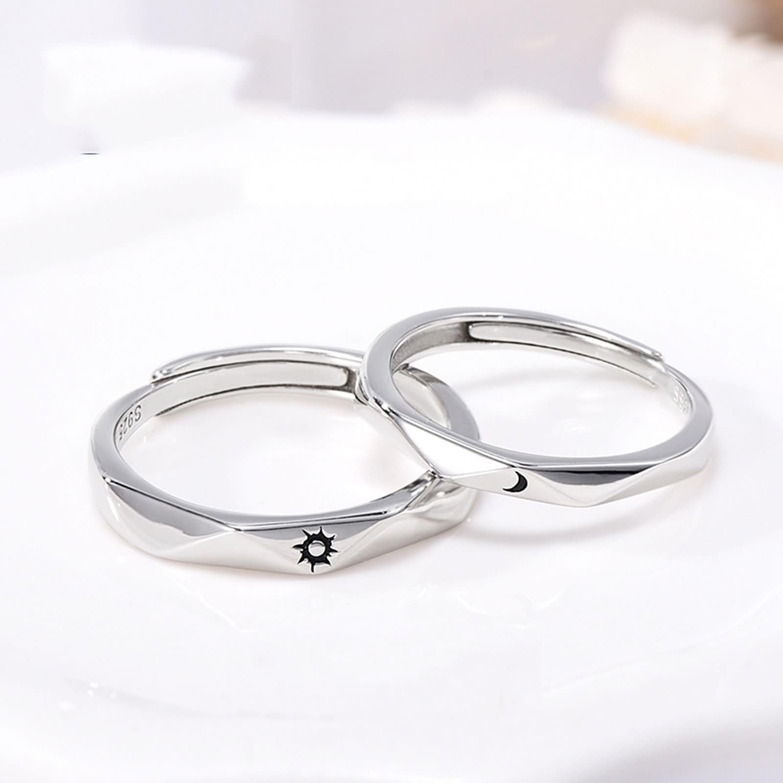 Anillo Plata de Ley Aniversario Pareja Grabado Personalizado, Sol y Luna, Anillos Mujer Plata Ajustables de Boda