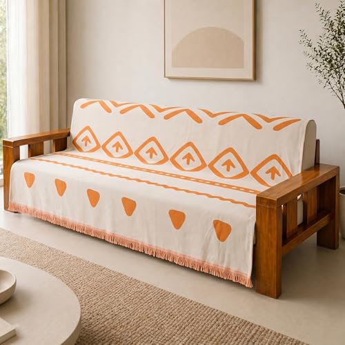 Image of Story@Home Premium Chenille Sofa Cover 3 Seater Wooden Sofa Cover | Anti Slip Sofa Mat 3 Seater 180x180cm for Complete Protection | Make Your Own Sofa Mat Set - Off White & Orange