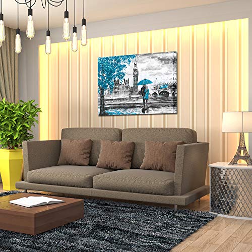 Kreative Arts Black And Blue Romantic Canvas Prints Wall Art London Big Ben Cityscape Painting Pictures Lovers With Red Umbrella For Couple's Bedroom Living Room Wall Decorations 24X32Inch #TOP3