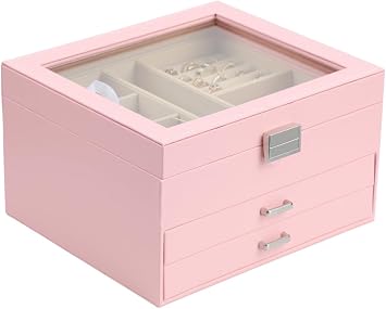BOOVO Clear Lid Jewelry Box,3 Layers Jewelry Organizer Large Jewelry Storage Box with 2 Drawers,Jewelry Holder Organzier of Rings Earrings Necklace Bracelets for Women Pink, 3 Layer
