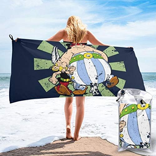 DwayneDennis Asterix and Obelix Retro Japanese Microfiber Large Beach Towel, Convenient and Foldable, Equipped with Carabiner for Easy Storage, Soft Bath Towel, Quick-Drying Shower Towel