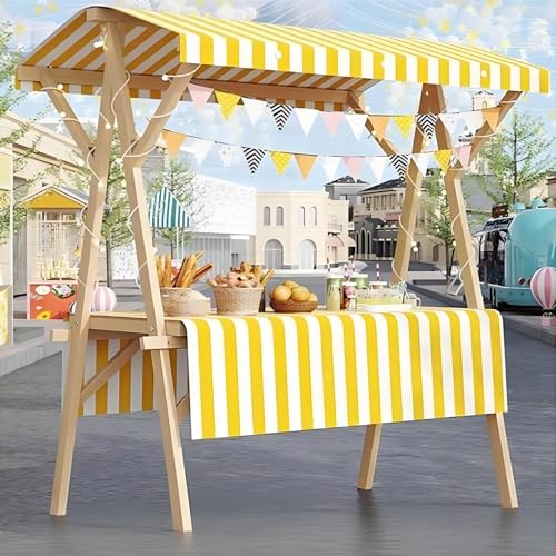 Carrito de comida portátil con ruedas y toldo amarillo expositor móvil de madera de 120 cm 2