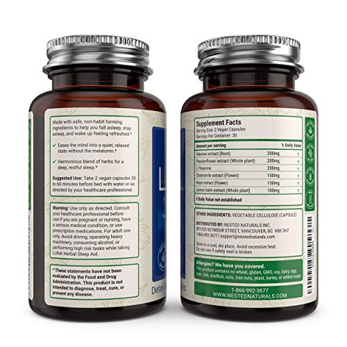 Luna Melatonin-Free Natural Sleep Aid for Adults | Herbal Nighttime Sleeping Capsule for Easy Calm Deep Sleep | Valerian Root with Chamomile, Lemon Balm | Non-GMO, Gluten-Free - Thumbnail 2
