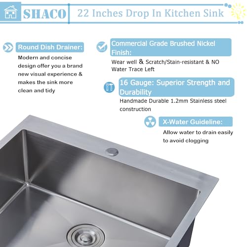 Image of SHACO 22x18 Inch Drop In Kitchen Sink, 22 Inch Topmount Outdoor Bar Sink, 16 Gauge Stainless Steel Single Bowl Brushed Nickel Small Kitchen Sink with Strainer Drain
