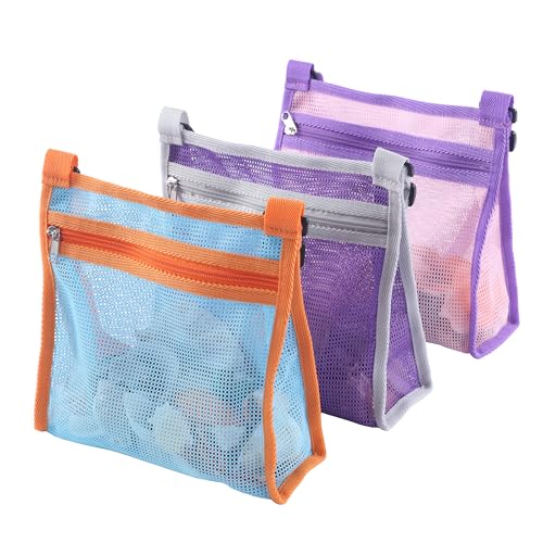 LEAFOREST Mesh Beach Bag for Collecting Seashell Sand Toy Seashell Bag whit Adjustable Carrying Straps for Boys and Girls(Lake Blue+Purple+Pink)
