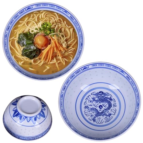 Ligeinsrk 2pcs Ramen Noue Bowl, Bols chinois en porcelaine bleu et blanc, 7x3 800 ml Grand bol en céramique Soupe chinoise pour dessert, soupe, céréales, riz et plus, nouilles, ramen