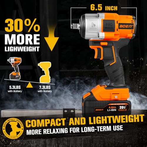 boen Cordless Impact Wrench 1/2 inch, 600FT-LBS(800N.m), Brushless Electric Impact Wrench, 2200RPM High Torque Impact Gun for Car Home, Includes 4.0Ah Battery×1, Charger, IW-75 — view 2
