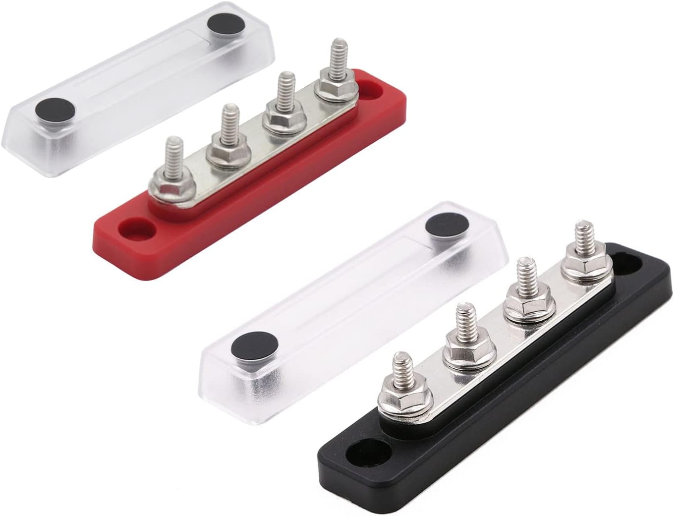 Copper Bus Bar 100A 12V 24V Power Distribution Block, 4 X 3/16” Post Terminals Battery Busbars for Automotive Marine Boat Solar, Max 48V DC, Positive & Ground, Black & Red, 2 Pack