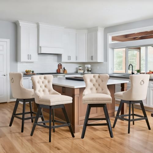 JETEAGO Velvet Swivel Bar Stool Set of 4,Counter Height Upholstered Rotating Barstools with Wood Legs,Footrest,Chrome Nailhead,for Dining Room/Island/Bar/Kitchen,Beige