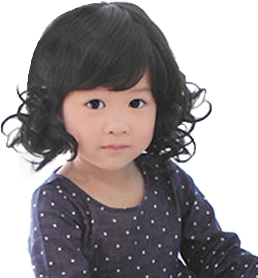 OMORFIEER Rise World Wig Fashion Black Curly Wigs for Kids Child Bangs Heat Friendly Cosplay Wig, Dark, One Size