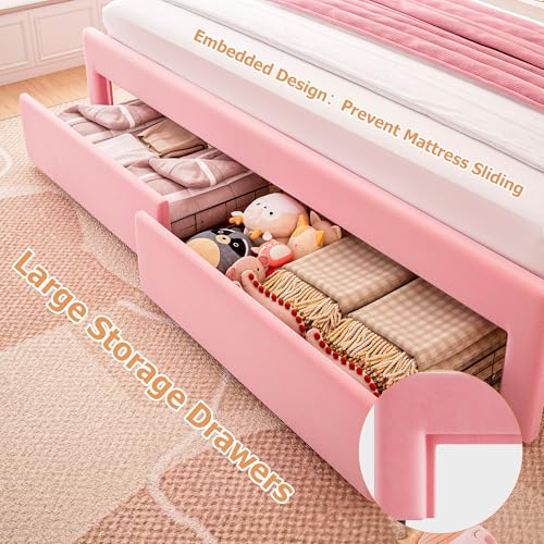 King Upholstered LED Bed Frame with 2 Storage Drawers and Adjustable Chic Double Wavy Headboard, Velvet Princess Platform Bed with Charing Station, Solid Wood Slats Support, No Box Spring Needed, Pink