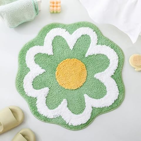 TRUEDAYS Sage Green Flower Shaped Bath Rug - Non-Slip Water Absorbent Bathroom Mat - Super Cute Machine Washable Bathroom Rug - Small Round Floral Soft and Fluffy Bath Mat Cover