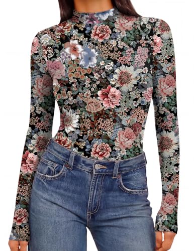 Image of Ekouaer Mesh Top Women Turtle Neck Long Sleeve Sexy Slim T-Shirts Sheer Floral-Black XL