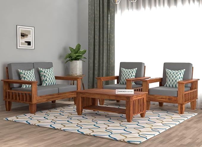 Image of Sheesham Wooden 4 Seater Sofa for Living Room | Rosewood 4 Seater Cushion Sofa with Side Newspaper Holder for Home & Office (-Honey Finish,2+1+1 Seater)