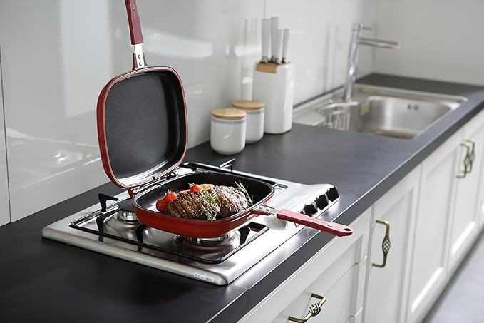 Scaroal Square Frying Pan, PFOA-Free Dishwasher Safe Nonstick Double Sided Multi Purpose Pan with Strong Magnetic Handles, Silicone Gasket, Standard (Red) 4