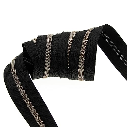 Leekayer #5 Antique Brass Metallic Nylon Coil Zippers by The Yard Bulk 10 Yards Black Zipper Tape with 25pcs Brass Ring Pull Sliders for DIY Sewing Tailor Craft Bag(Black) by Leekayer - Image 8