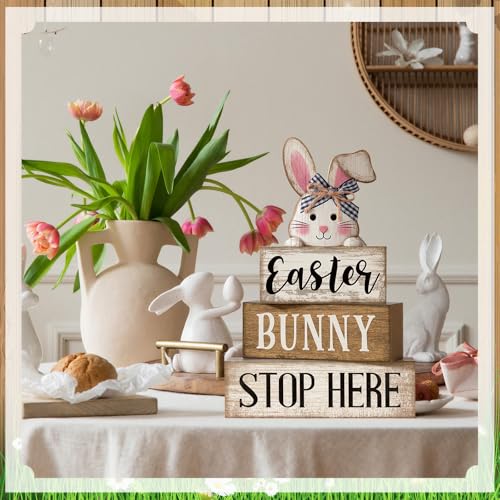 Image of Moucuny 4 Pcs Easter Bunny Table Decoration Stacked Wooden Bunny Block Decor 3-tier Tabletop Sign with 3D Rabbit, Rustic Farmhouse Easter Decorations for Home Egg Hunt Party Centerpiece Gift